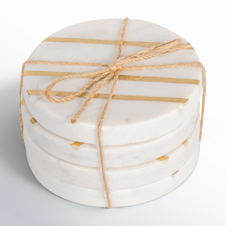 White Marble and Gold Inlay Round Coaster Set