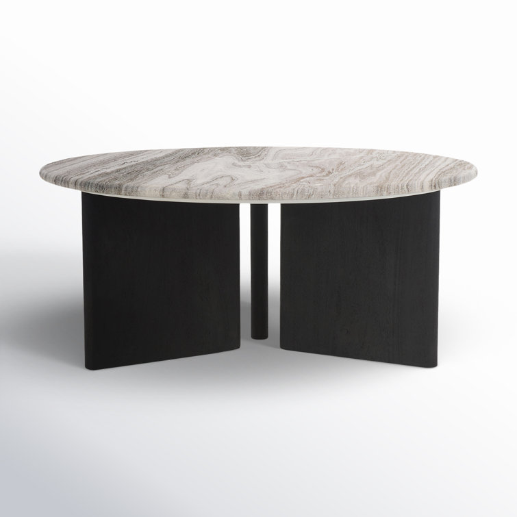 Modern Round Black Wood Coffee Table with Marble Top