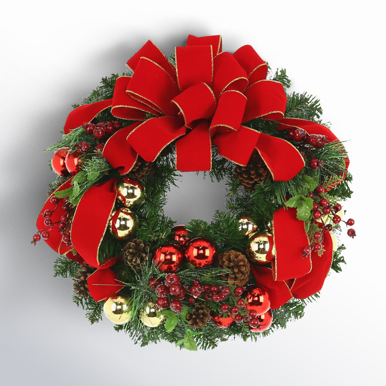 Festive Red and Gold Ribbon Pine Holiday Wreath