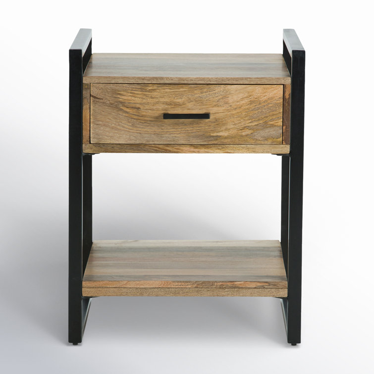 Riverside Black Metal and Natural Wood 20" Industrial Side Table with Storage