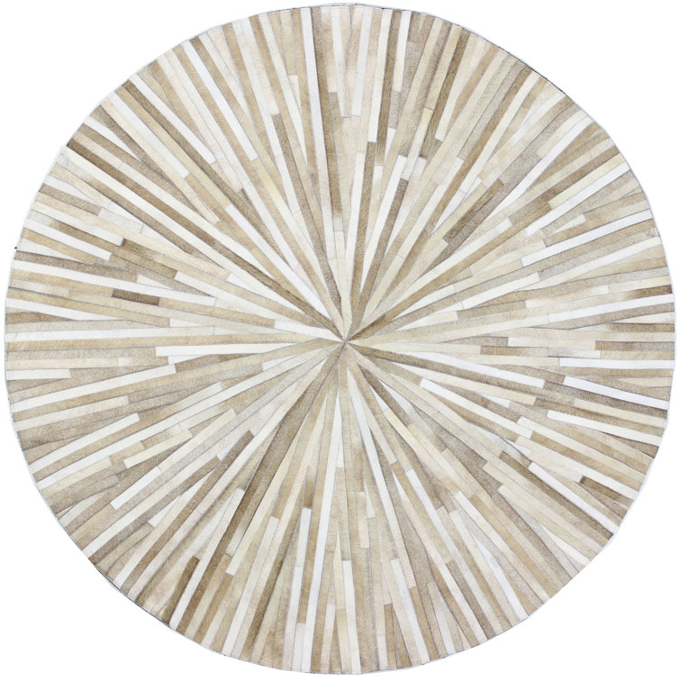 Gray Round Geometric Cotton and Cowhide Area Rug