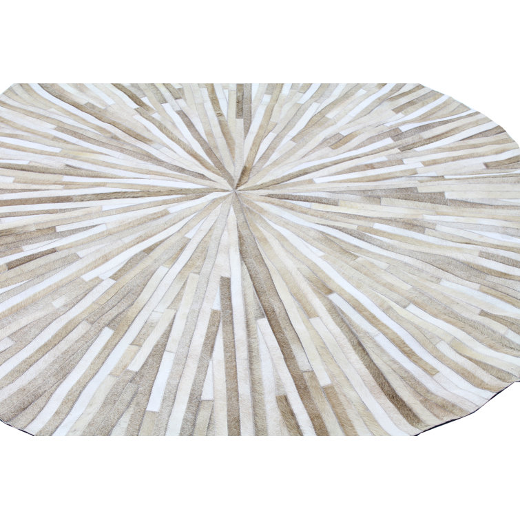 Gray Round Geometric Cotton and Cowhide Area Rug