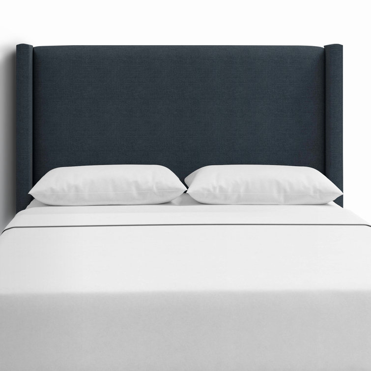 Classic Navy Linen Upholstered Queen Headboard with Wingback Design