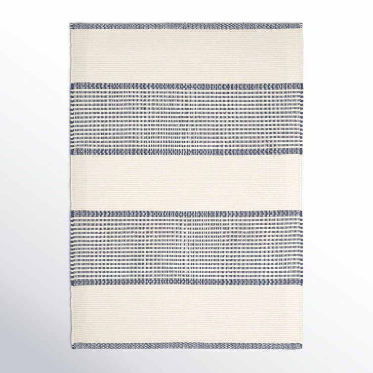 Ivory and Navy Handwoven Cotton Stripe Rug, 10' x 14'