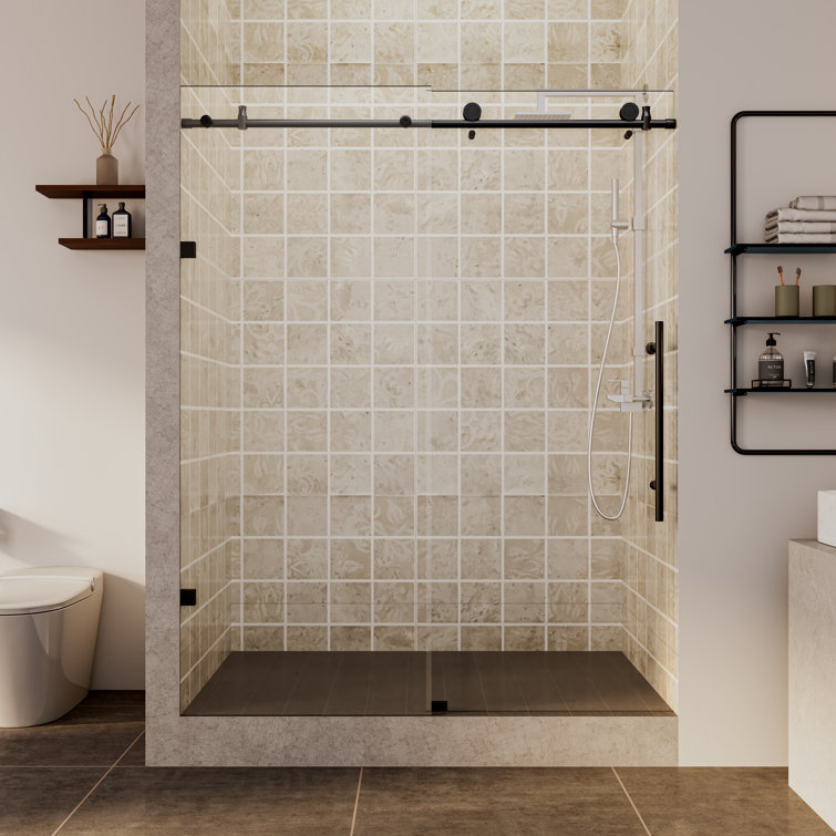 Black Frameless Sliding Shower Door with Clear Tempered Glass