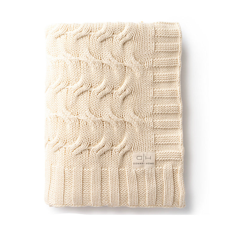 Beige Cable Knit Cotton Throw Blanket