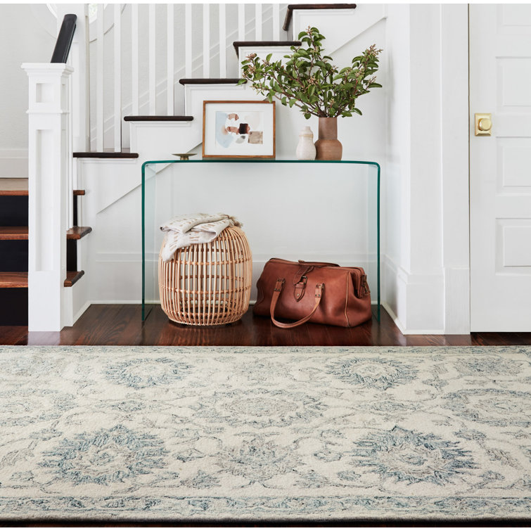 Handmade Blue and Ivory Wool Oriental Runner Rug
