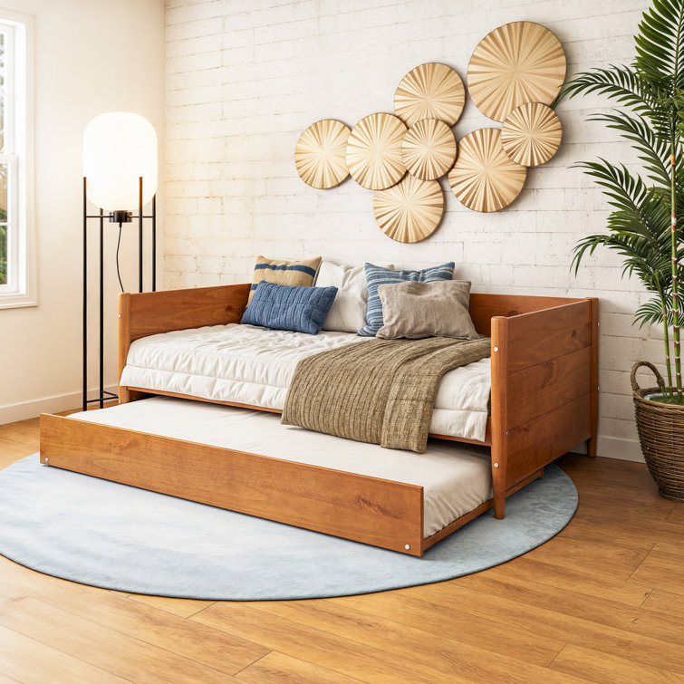 Mid-Century Pine Twin Daybed with Trundle and Wood Slats