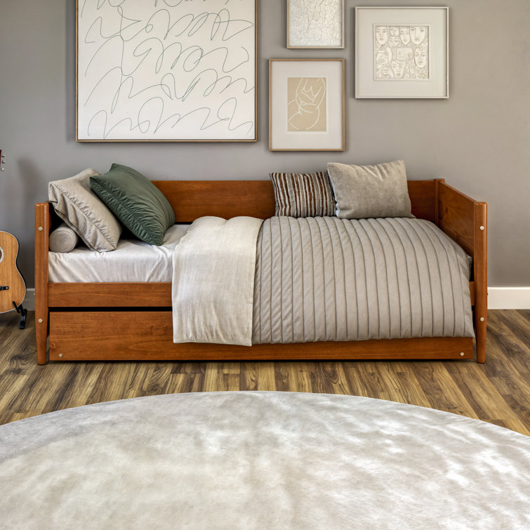 Mid-Century Pine Twin Daybed with Trundle and Wood Slats