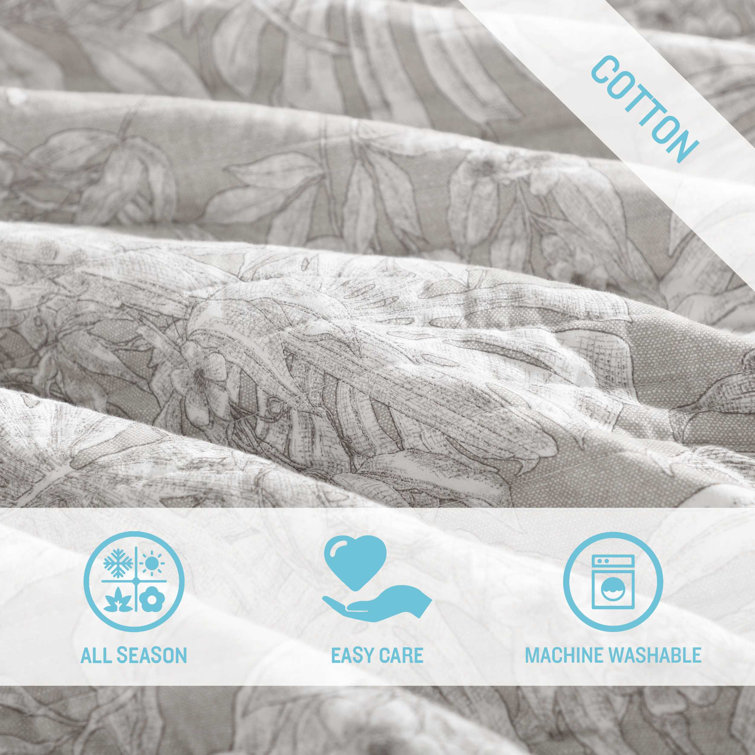 Gray Twin Cotton Reversible Quilt Set with Plant Motif