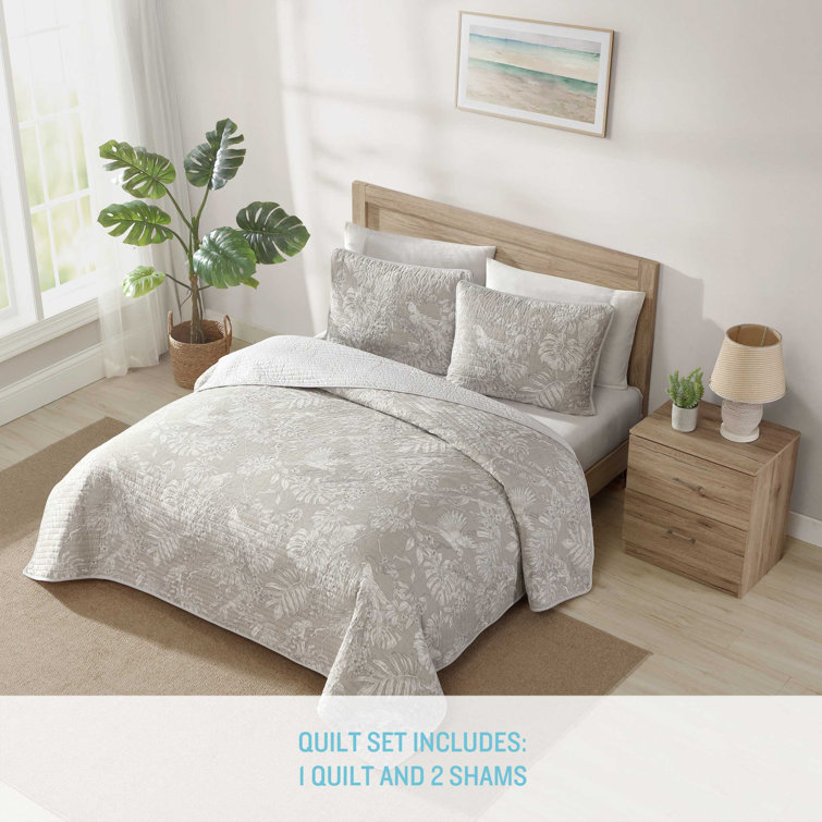 Gray Twin Cotton Reversible Quilt Set with Plant Motif