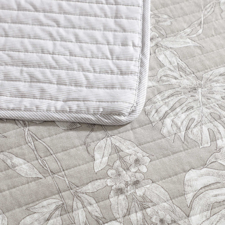 Gray Twin Cotton Reversible Quilt Set with Plant Motif