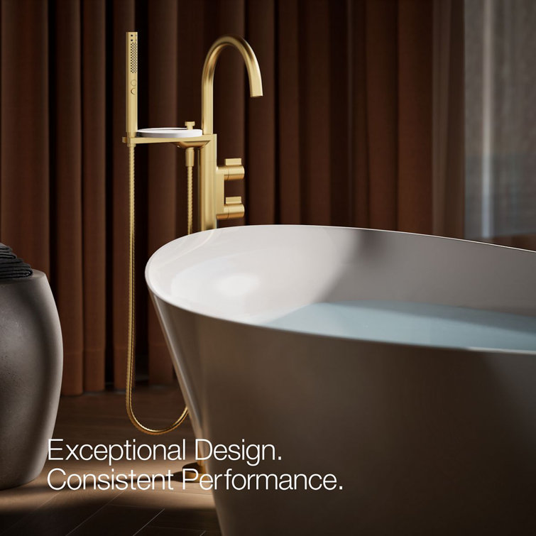 Vibrant Brushed Brass Floor-Mount Bathtub Faucet with Handshower