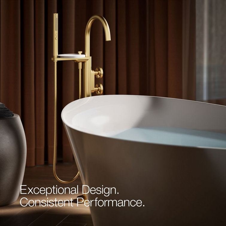 Vibrant Brushed Brass Floor-Mount Bathtub Faucet with Handshower