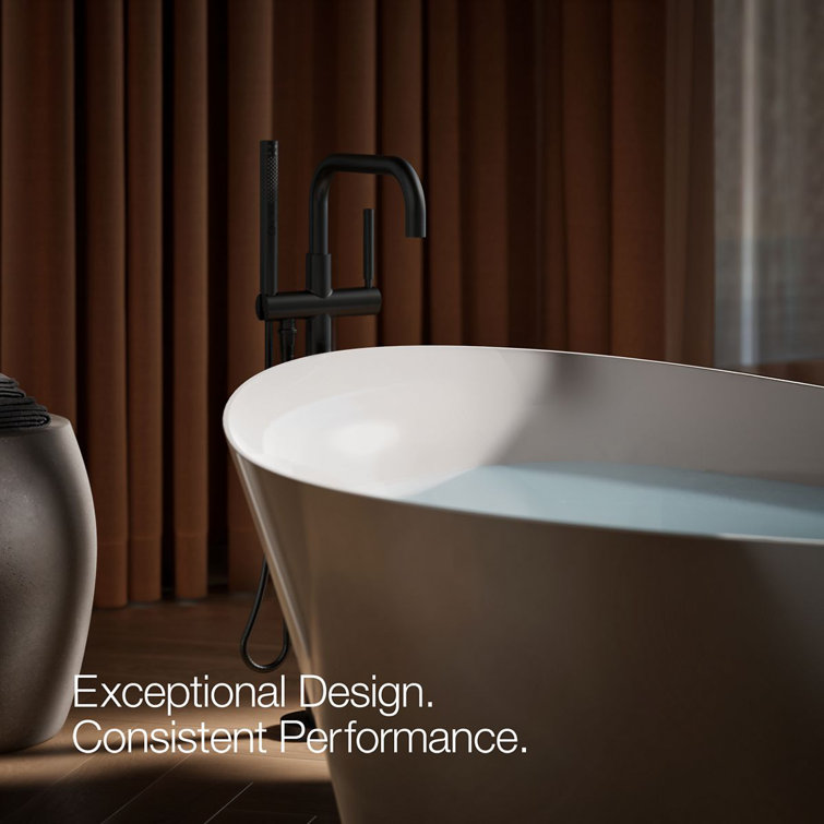 Matte Black Modern Floor-Mount Bath Filler with Handshower