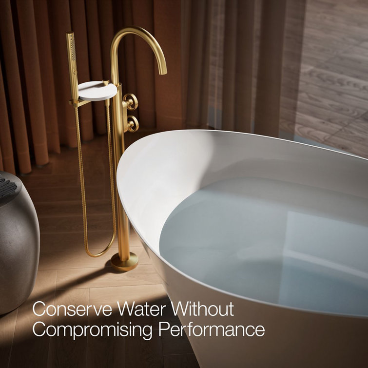 Vibrant Brushed Brass Floor-Mount Bathtub Faucet with Handshower