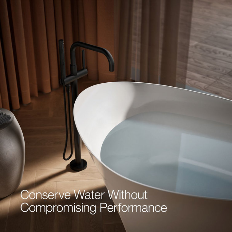Matte Black Modern Floor-Mount Bath Filler with Handshower