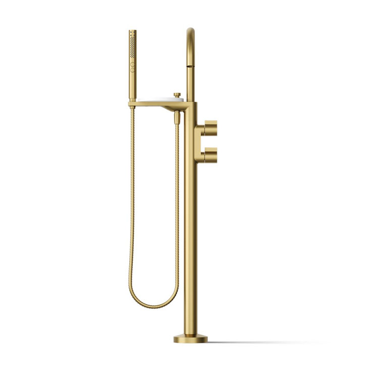 Vibrant Brushed Brass Floor-Mount Bathtub Faucet with Handshower