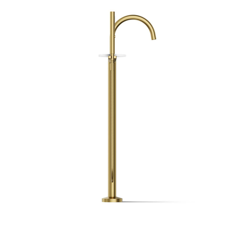 Vibrant Brushed Brass Floor-Mount Bathtub Faucet with Handshower