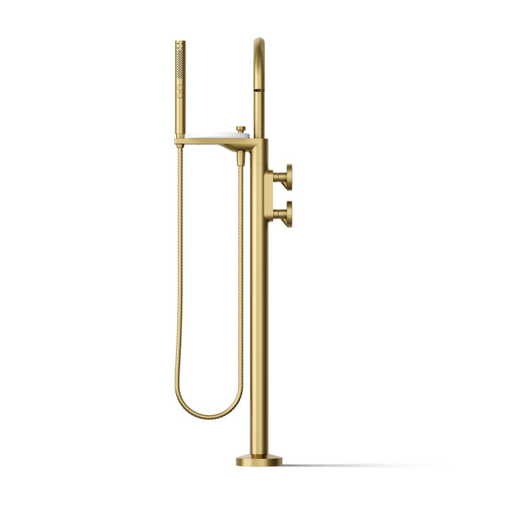 Vibrant Brushed Brass Floor-Mount Bathtub Faucet with Handshower