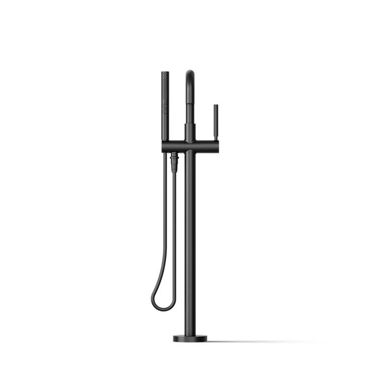 Matte Black Modern Floor-Mount Bath Filler with Handshower