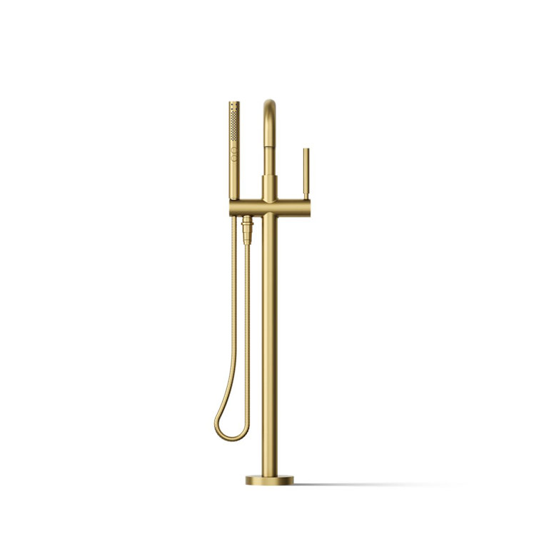 Vibrant Brushed Brass Floor-Mount Bath Filler with Handshower