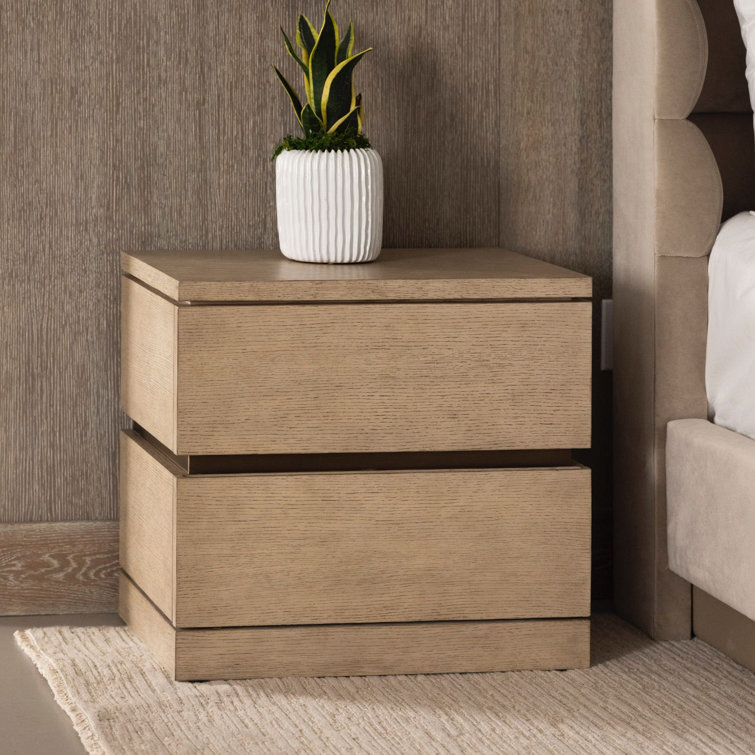 Washed Taupe Oak 2-Drawer Solid Wood Nightstand