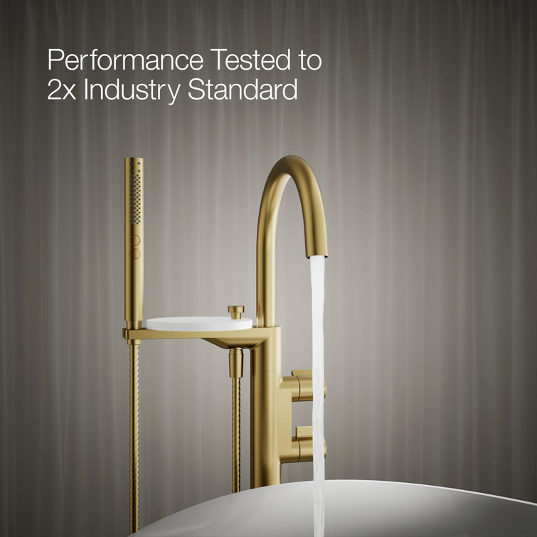 Vibrant Brushed Brass Floor-Mount Bathtub Faucet with Handshower