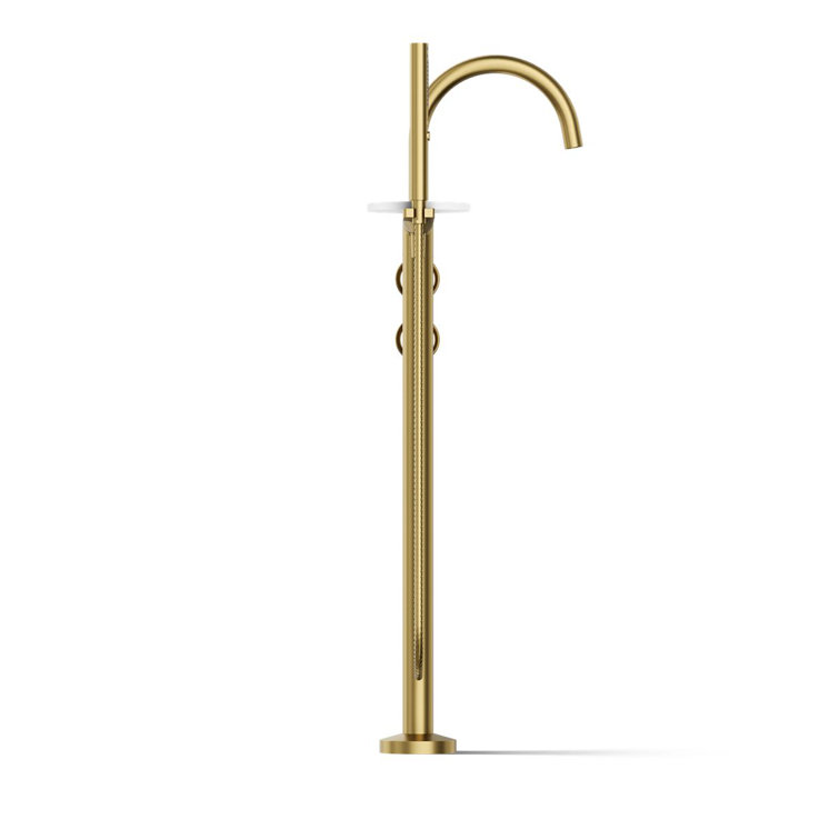 Vibrant Brushed Brass Floor-Mount Bathtub Faucet with Handshower