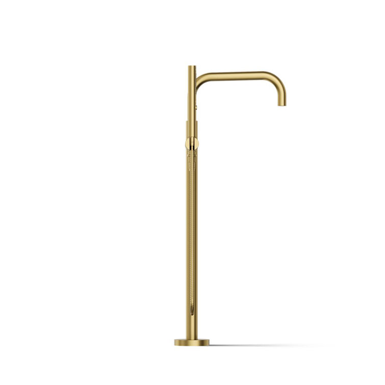 Vibrant Brushed Brass Floor-Mount Bath Filler with Handshower