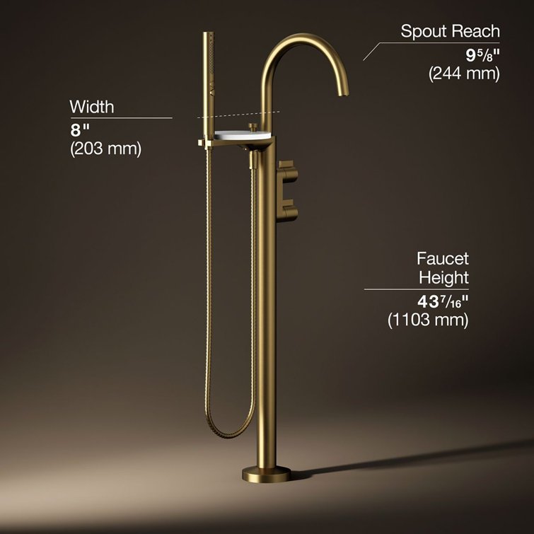 Vibrant Brushed Brass Floor-Mount Bathtub Faucet with Handshower