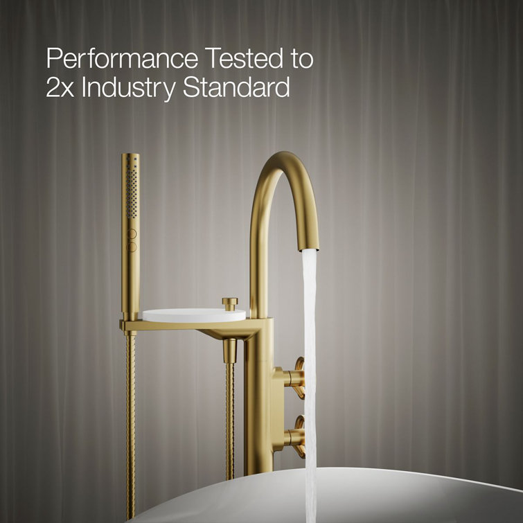 Vibrant Brushed Brass Floor-Mount Bathtub Faucet with Handshower