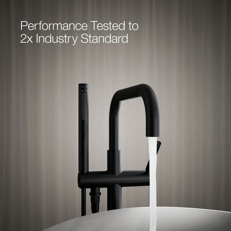 Matte Black Modern Floor-Mount Bath Filler with Handshower