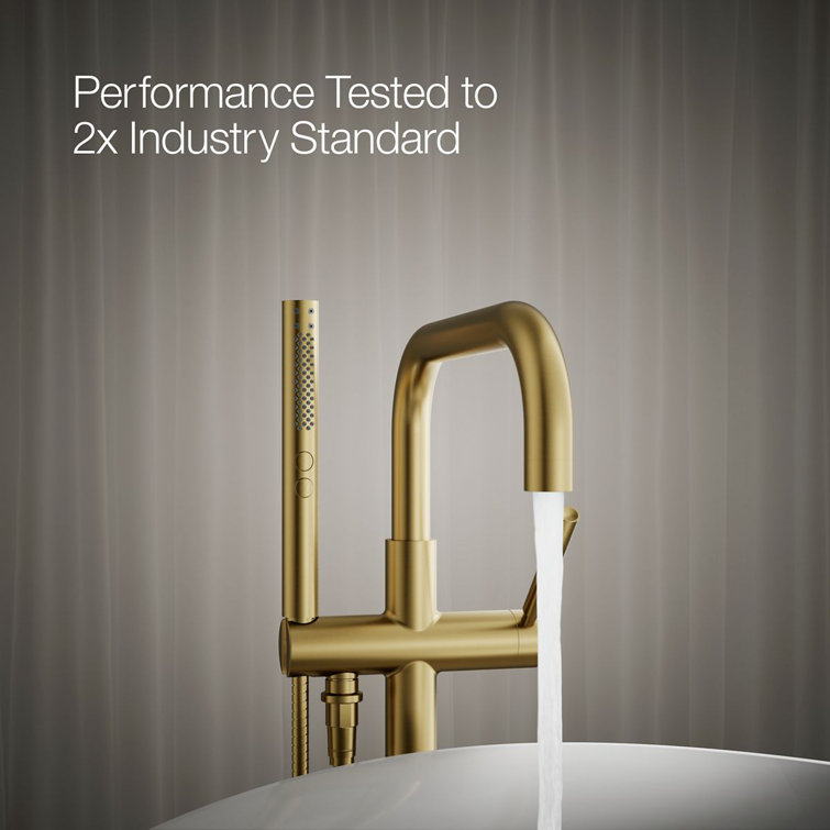 Vibrant Brushed Brass Floor-Mount Bath Filler with Handshower