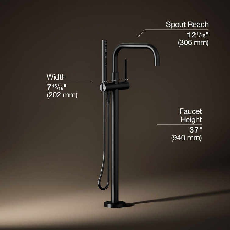Matte Black Modern Floor-Mount Bath Filler with Handshower