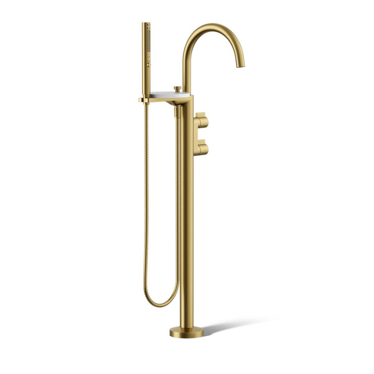 Vibrant Brushed Brass Floor-Mount Bathtub Faucet with Handshower