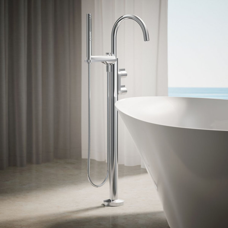 Polished Chrome Floor-Mount Bath Filler Trim with Hand Shower