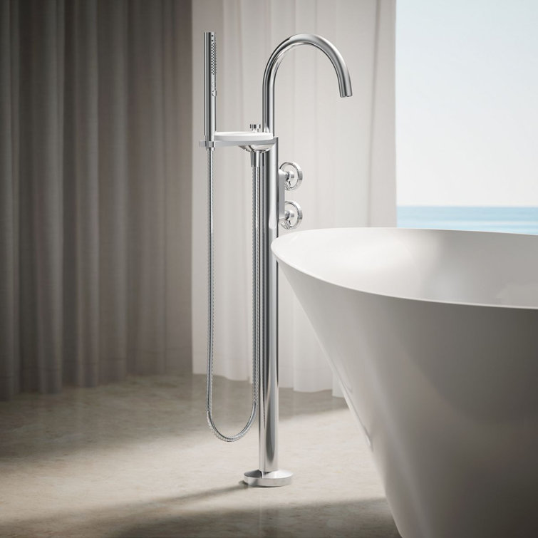 Polished Chrome Floor-Mount Bath Filler Trim with Hand Shower