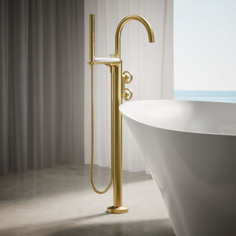 Vibrant Brushed Brass Floor-Mount Bathtub Faucet with Handshower