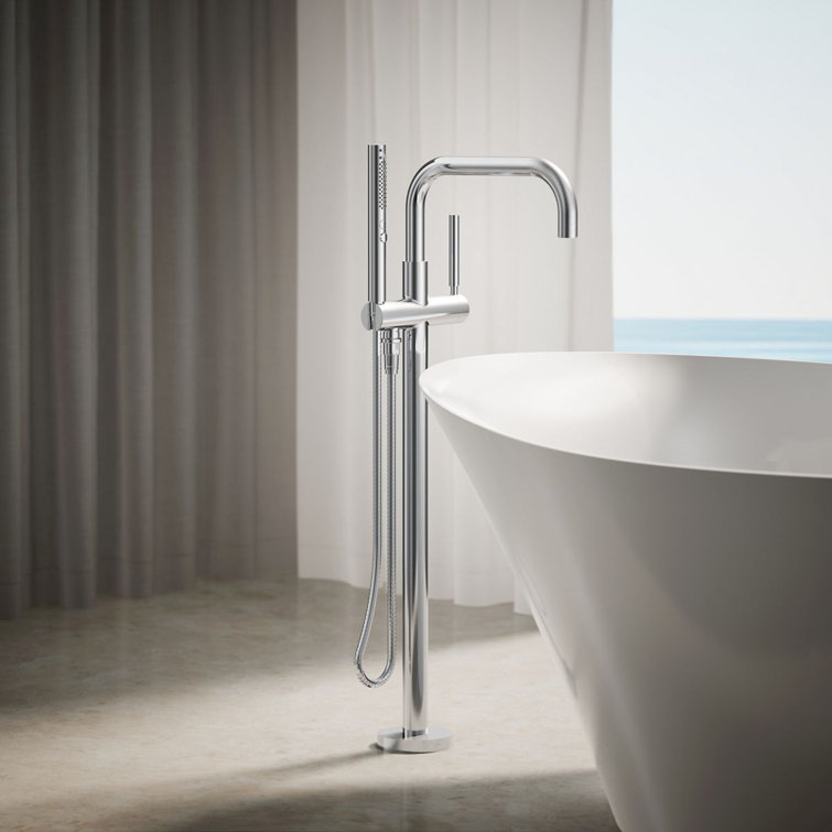 Polished Chrome Floor-Mount Bath Filler with Handshower