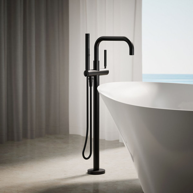 Matte Black Modern Floor-Mount Bath Filler with Handshower