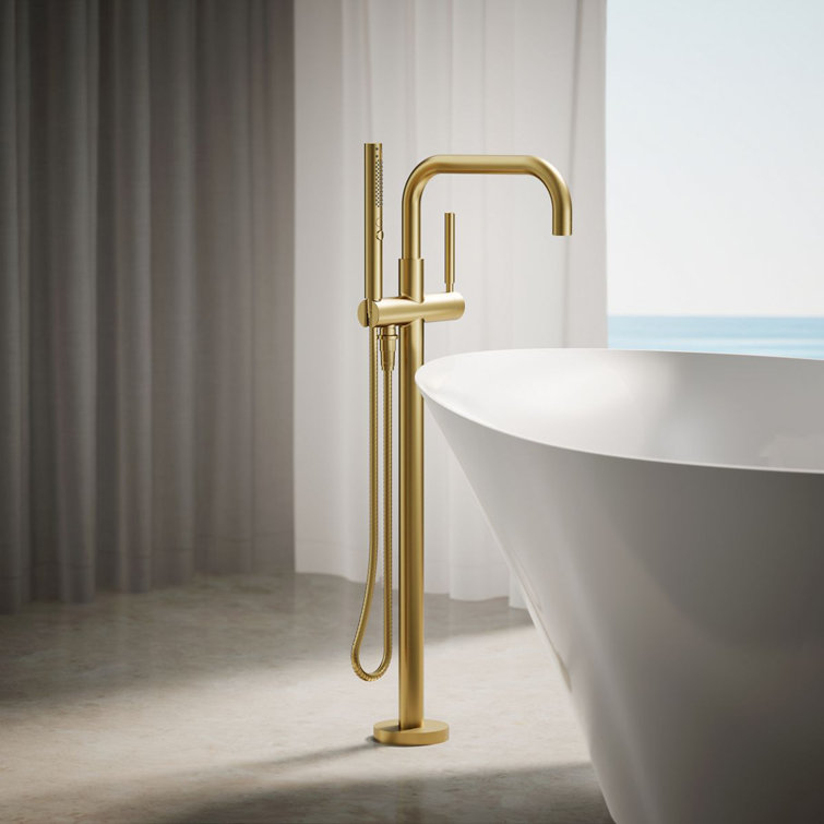 Vibrant Brushed Brass Floor-Mount Bath Filler with Handshower