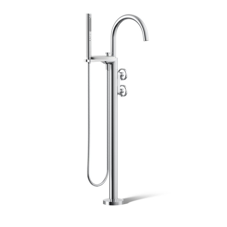Polished Chrome Floor-Mount Bath Filler Trim with Hand Shower