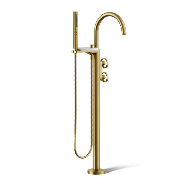 Vibrant Brushed Brass Floor-Mount Bathtub Faucet with Handshower