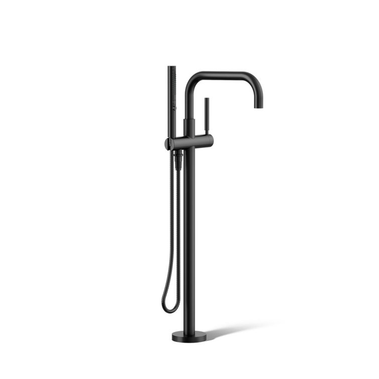 Matte Black Modern Floor-Mount Bath Filler with Handshower
