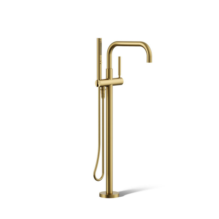 Vibrant Brushed Brass Floor-Mount Bath Filler with Handshower