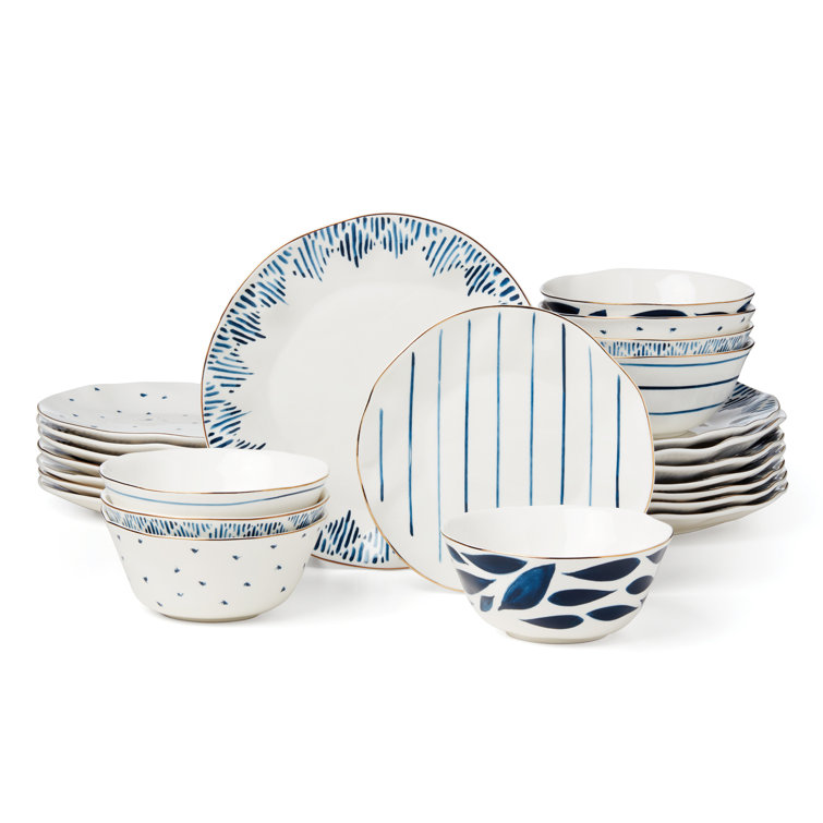 Blue and White Porcelain 24-Piece Coastal Dinnerware Set