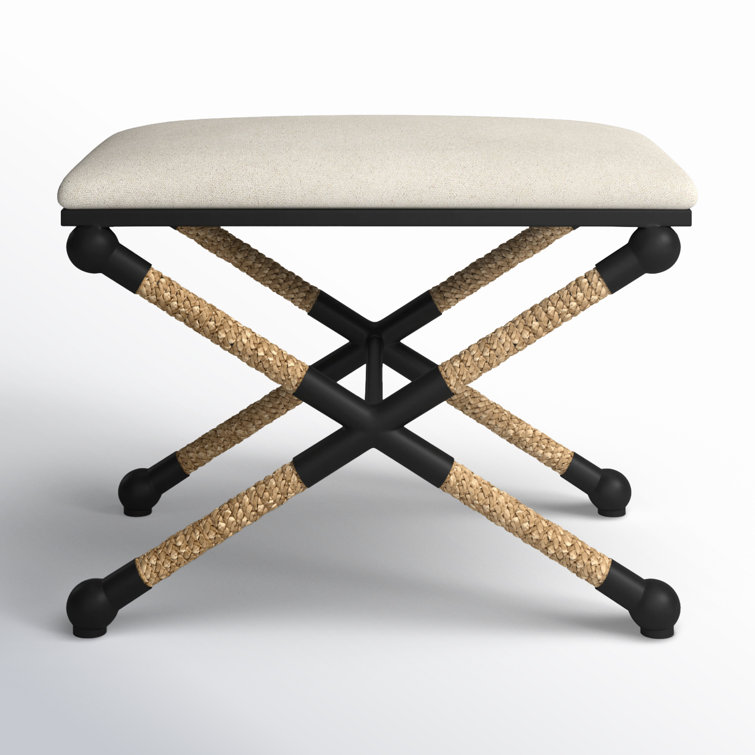 Oatmeal Cotton Upholstered Iron Frame Footstool with Braided Straw