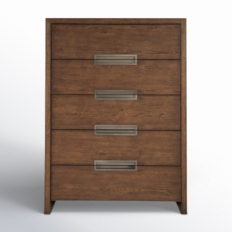 Medium Brown Oak 5-Drawer Dresser with Bronze Pulls