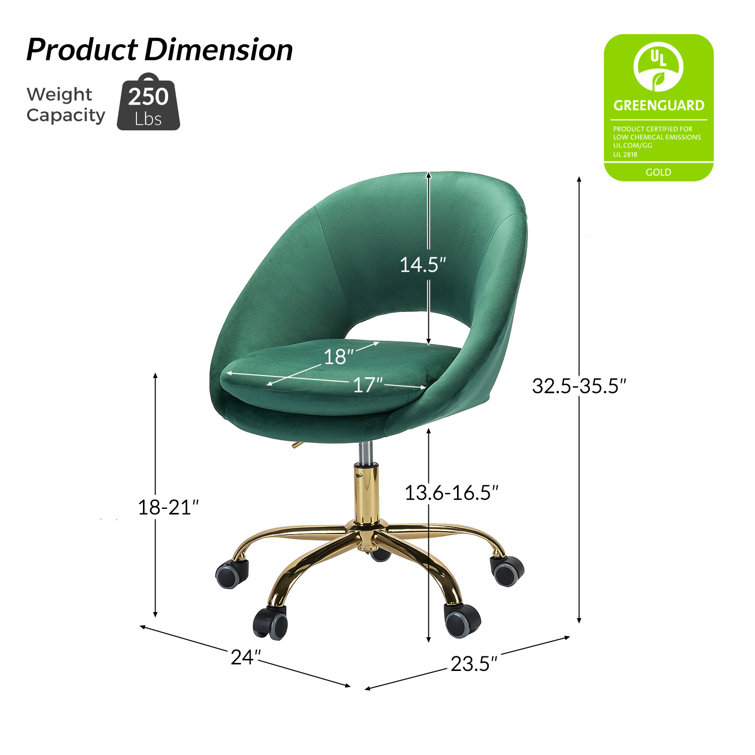 Ergonomic Green Velvet Swivel Task Chair with Metal Base